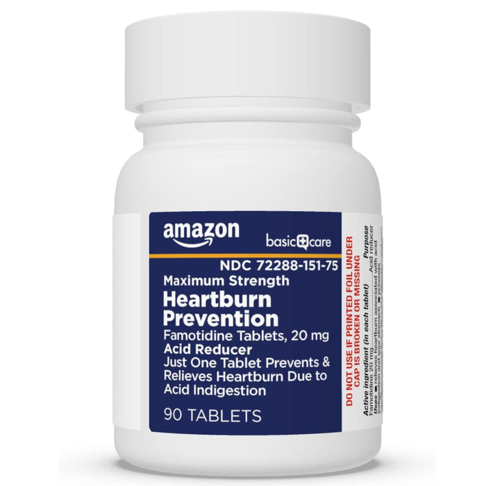 Amazon Basic Care Heartburn Prevention 20mg Famotidine 90 Tablet Bottle In Front Of White Background