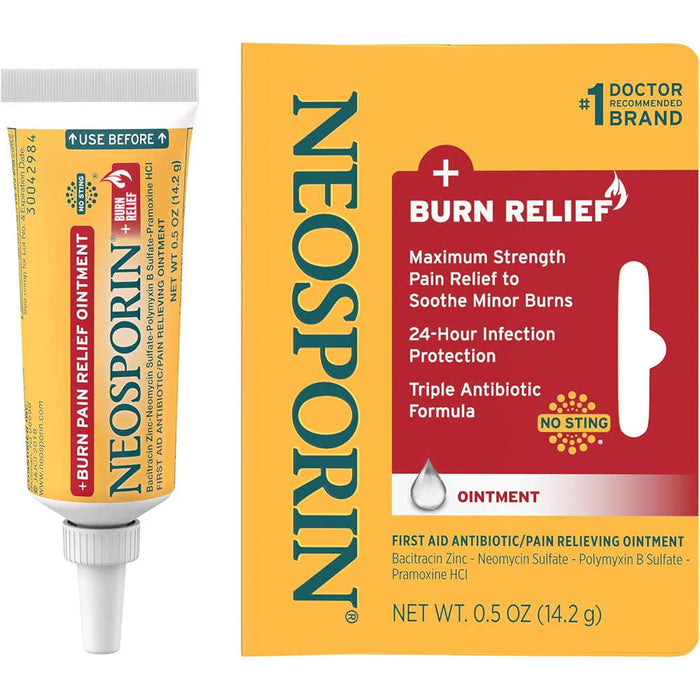 Neosporin Plus Burn Relief 0.5 Oz Outer Packaging And Inner Tube In Front Of White Background