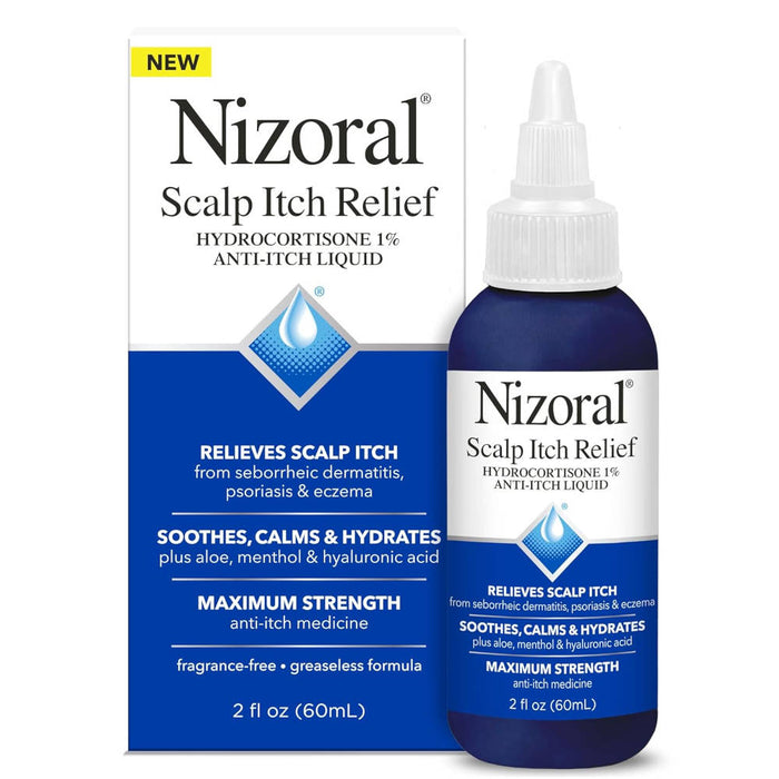 Nizoral Scalp Itch Relief Liquid 2 Fl Oz Bottle And Outer Packaging In Front Of White Background