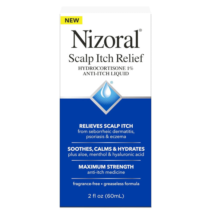 Nizoral Scalp Itch Relief Liquid 2 Fl Oz Outer Packaging In Front Of White Background