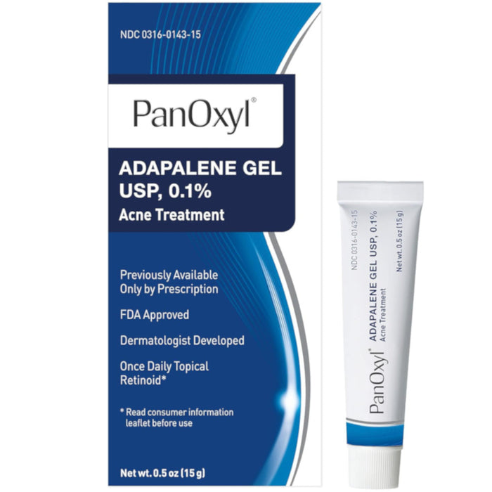 PanOxyl Adapalene 0.1% Leave-On Gel, 30 Day Supply Bottle And Outer Packaging In Front Of White Background