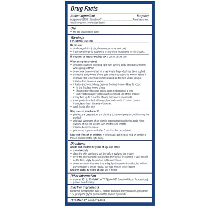 PanOxyl Adapalene 0.1% Leave-On Gel, 30 Day Supply Usage Instructions On Reverse Of Packaging