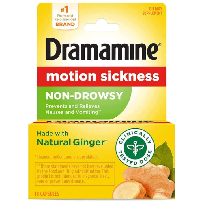 Dramamine Motion Sickness Non-Drowsy Natural Ginger Tablets 18 In Front Of White Background