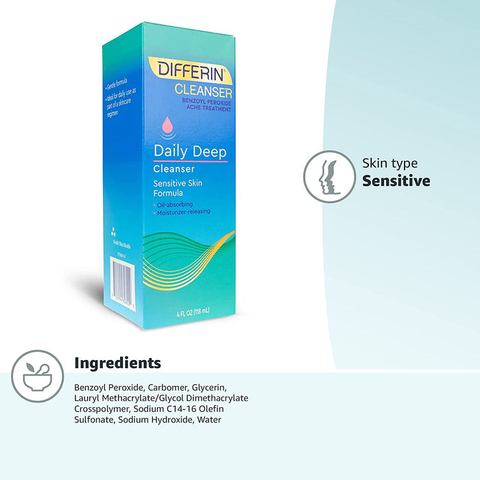 Differin Daily Deep Cleanser 4 Oz In front of white and blue background, next to product ingredients list.