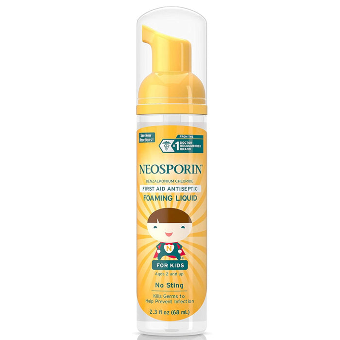 Neosporin First Aid Antiseptic Foaming Liquid Wound Cleanser For Kids 2.3 Oz In Front Of  White Background